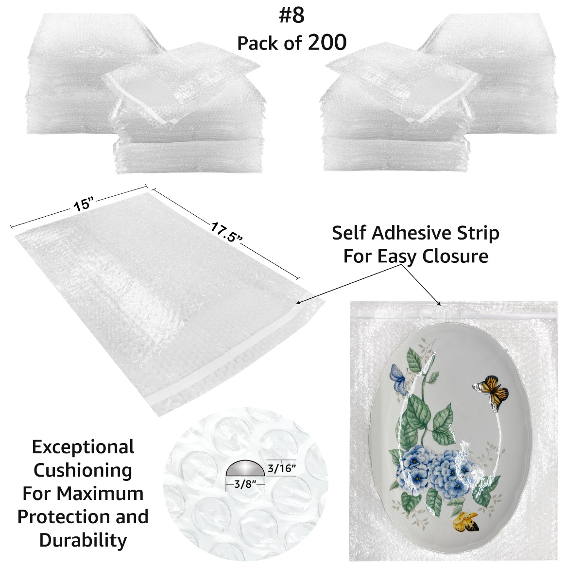 UOFFICE 3/16" Bubble Wrap Bags 15x17.5" , Self Sealing, 200 Count, 1 Pack
