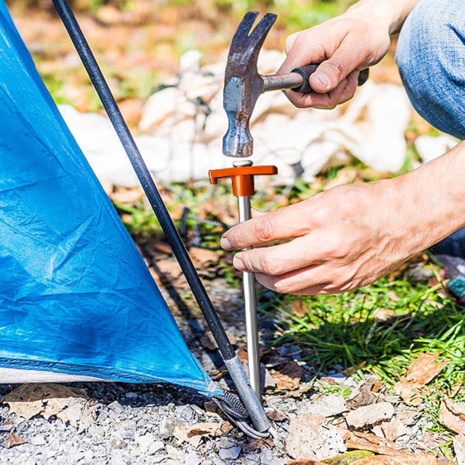USA Galvanized Non-Rust Camping Family Tent Pop Up Tent Stakes Canopy Anchors Heavy Duty 10pc-Pack, with 4x10ft Ropes & 1 Orange Stopper