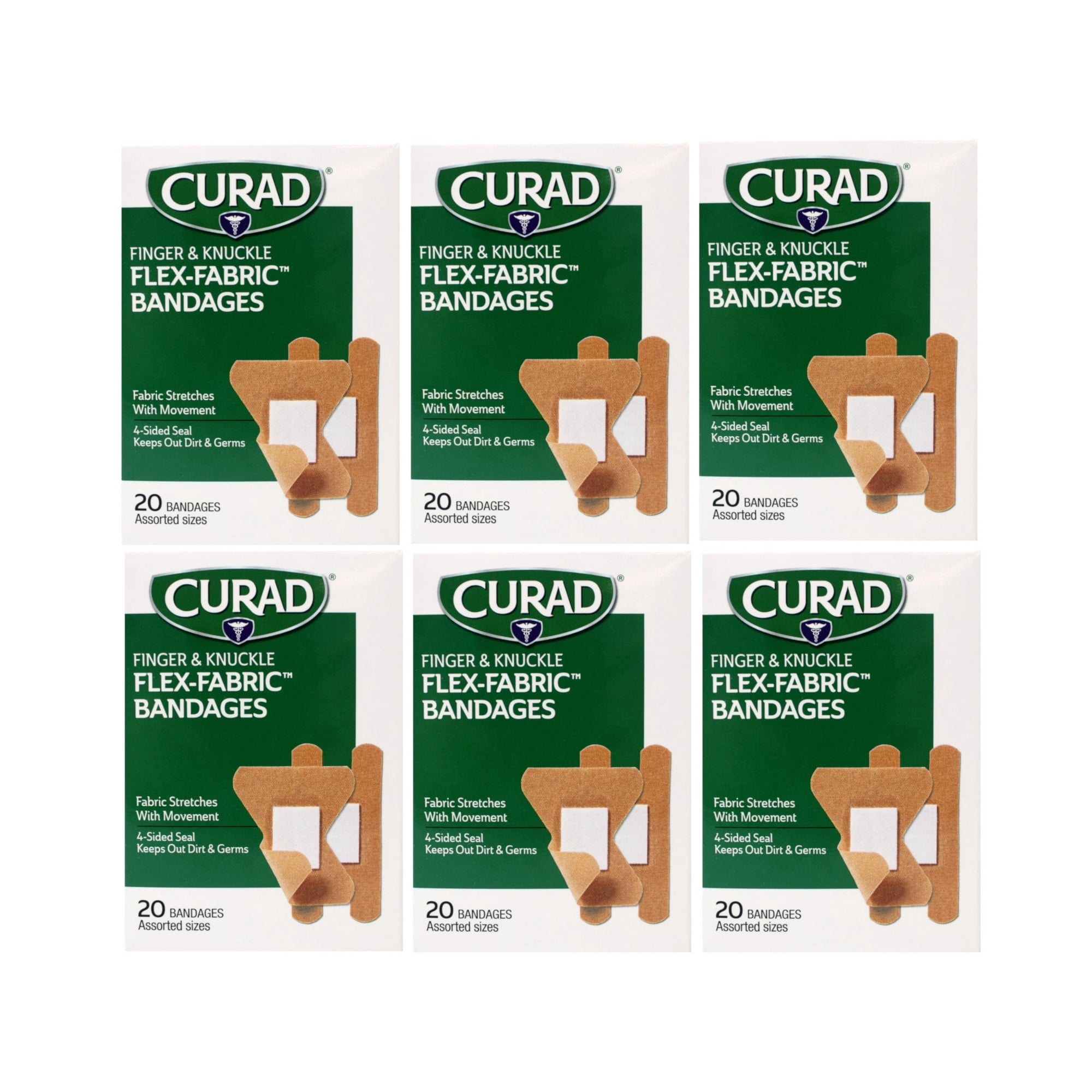 6 Pack - CURAD Flex-Fabric Finger and Knuckle Bandages, Assorted Sizes, 20 Ct