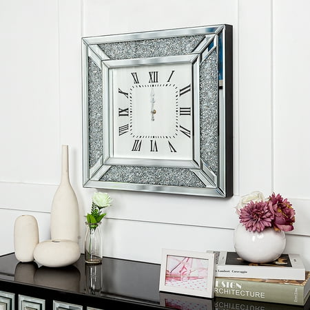 Crush Diamond Mirrored Square Wall Clock with Sparkle Twinkle Bling Diamond Decor for Wall Decoration 24in