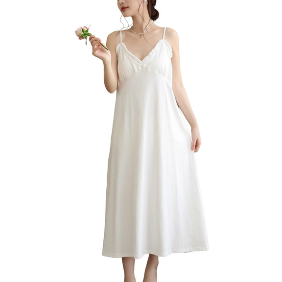 SWSMCLT Women's Cotton Nightgown Vintage Night Gown Cute Summer Lightweight Sleeveless V Neck Soft Thin Cool Sleepwear White Large
