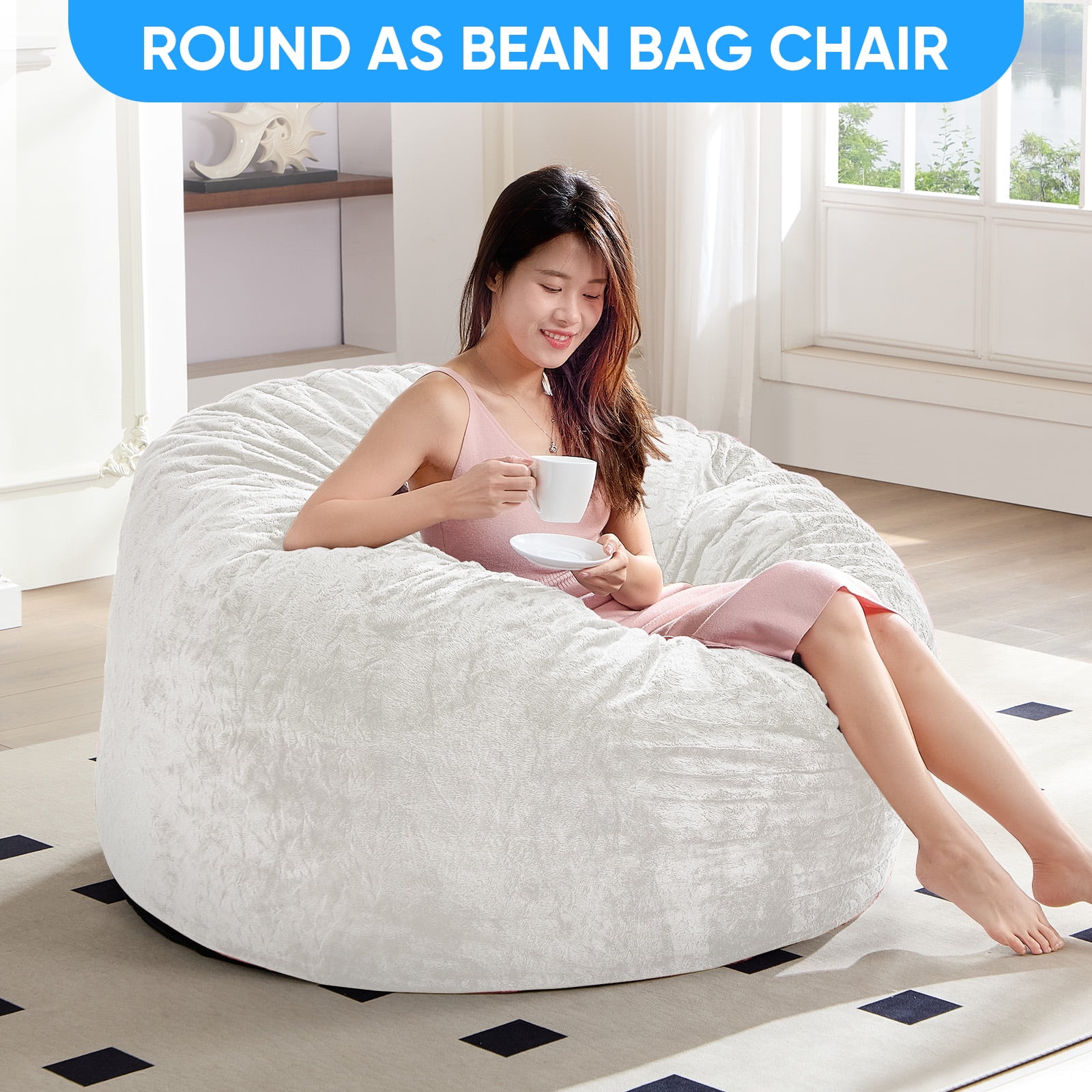 BALUS Convertible 2-in-1 Bean Bag Chair & Bed with Removable Velvet Covers, Memory Foam Giant Bean Bag for Apartment, White