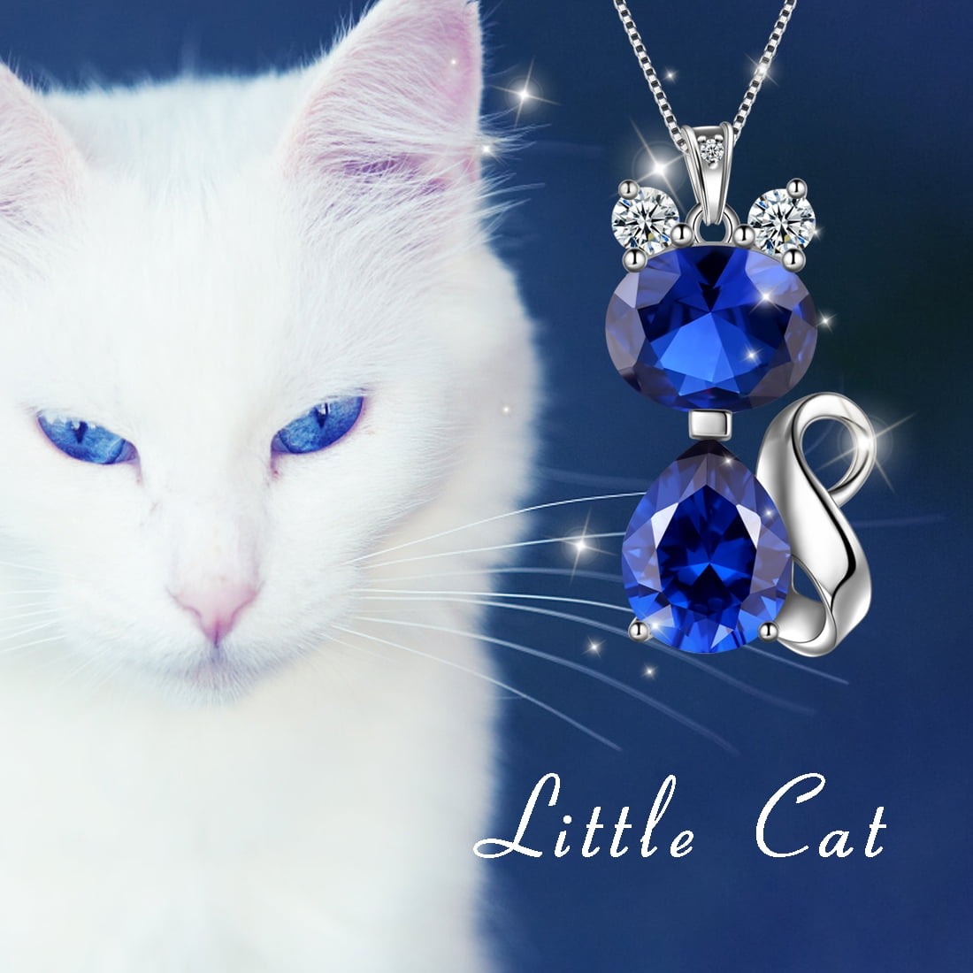Juwaliy September Birthstone Necklace Sapphire Blue Cat Pendant Charms 925 Sterling Silver Jewelry Women Daughter Wife Mother Christmas Birthday Gift