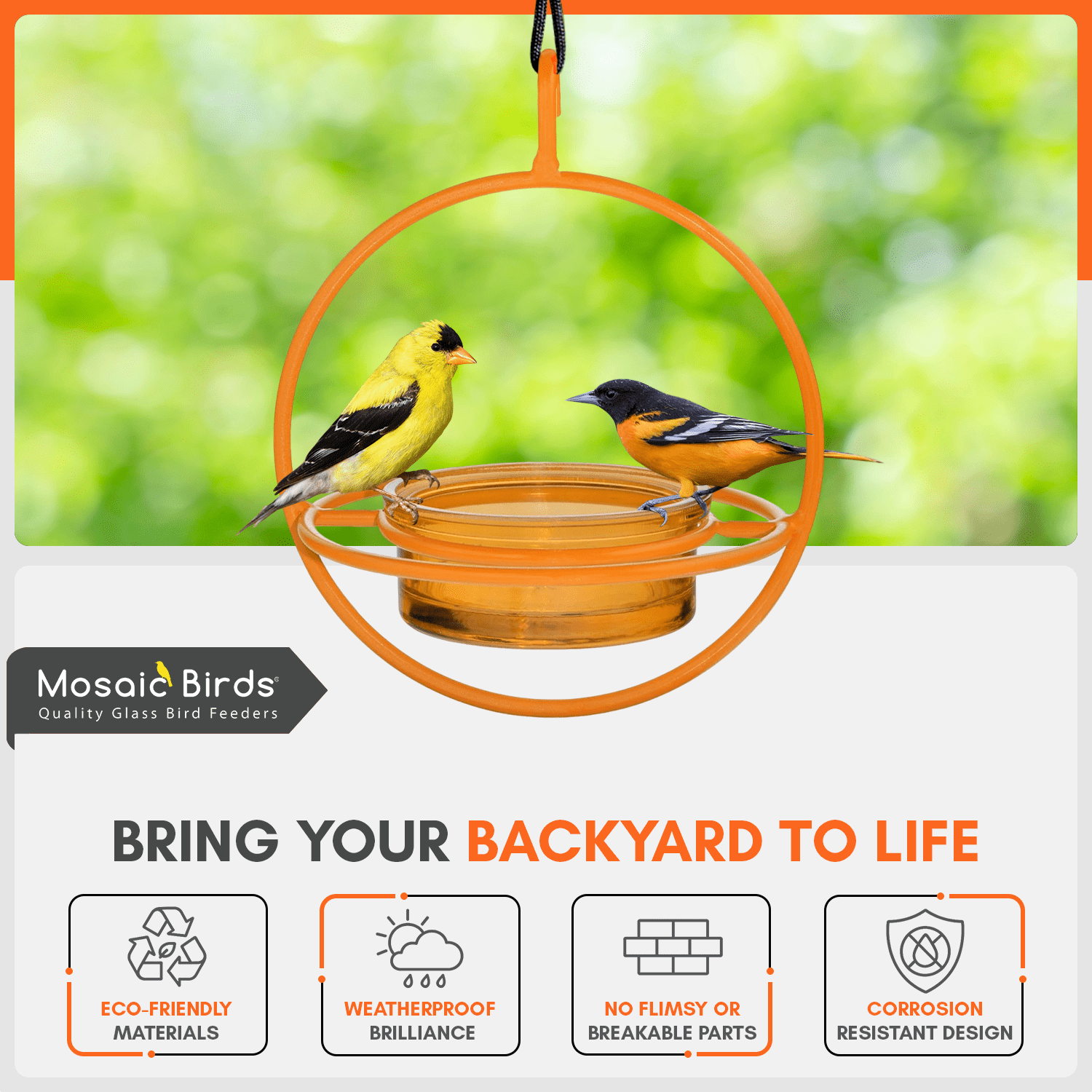 Mosaic Birds Hummble Bold Hanging Bird Feeder for Outdoors, Oriole, Finch Wild Bird Feeders - Orange
