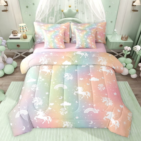jejeloiu Cute Cartoon Unicorn 7-Piece Twin Bedding Sets,Kawaii Animal Bedding Comforter Set For Girls Reversible