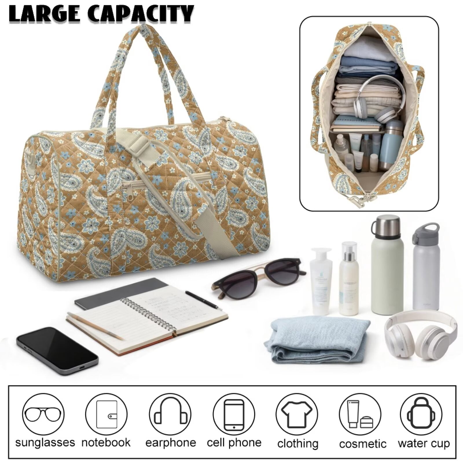 Chririnla Versatile Weekender Bag for Unisex Multi-Functional Gym Bag with Quilted Fabric & Luggage Handle Strap Fits Under Seat, Brown Paisley Print