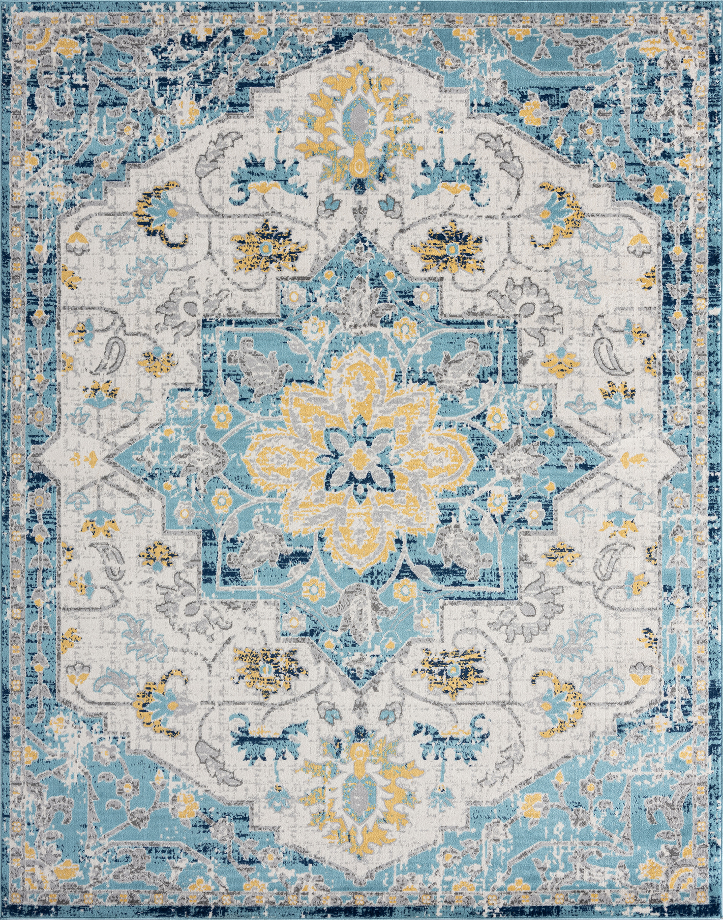 Transitional 5x8 Area Rug (5'3'' x 7'3'') Medallion Aqua, Yellow Living Room Easy to Clean