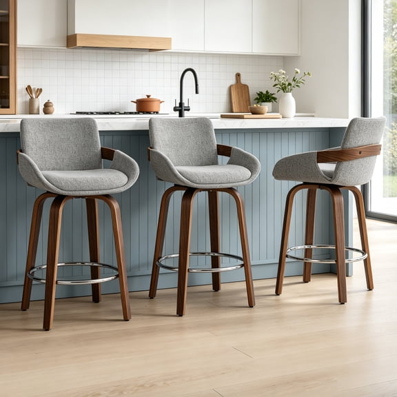 ClinQ Counter Height Swivel Bar Stools Set of 3, Linen Fabric Upholstered 360 Rotating Chairs with Walnut Legs and Metal Footrest, Lightgray