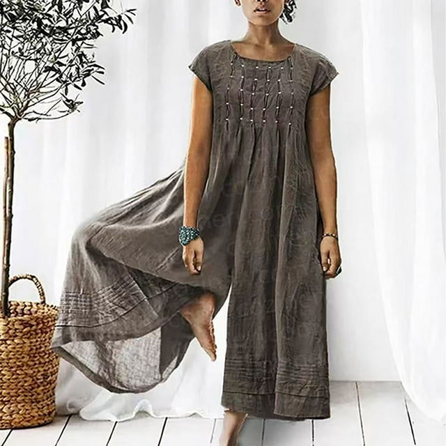 CHUANK Hauts pour Femmes Ample Coton Lin Manches Courtes Combinaison Aguichant Confortable Gris Foncé L