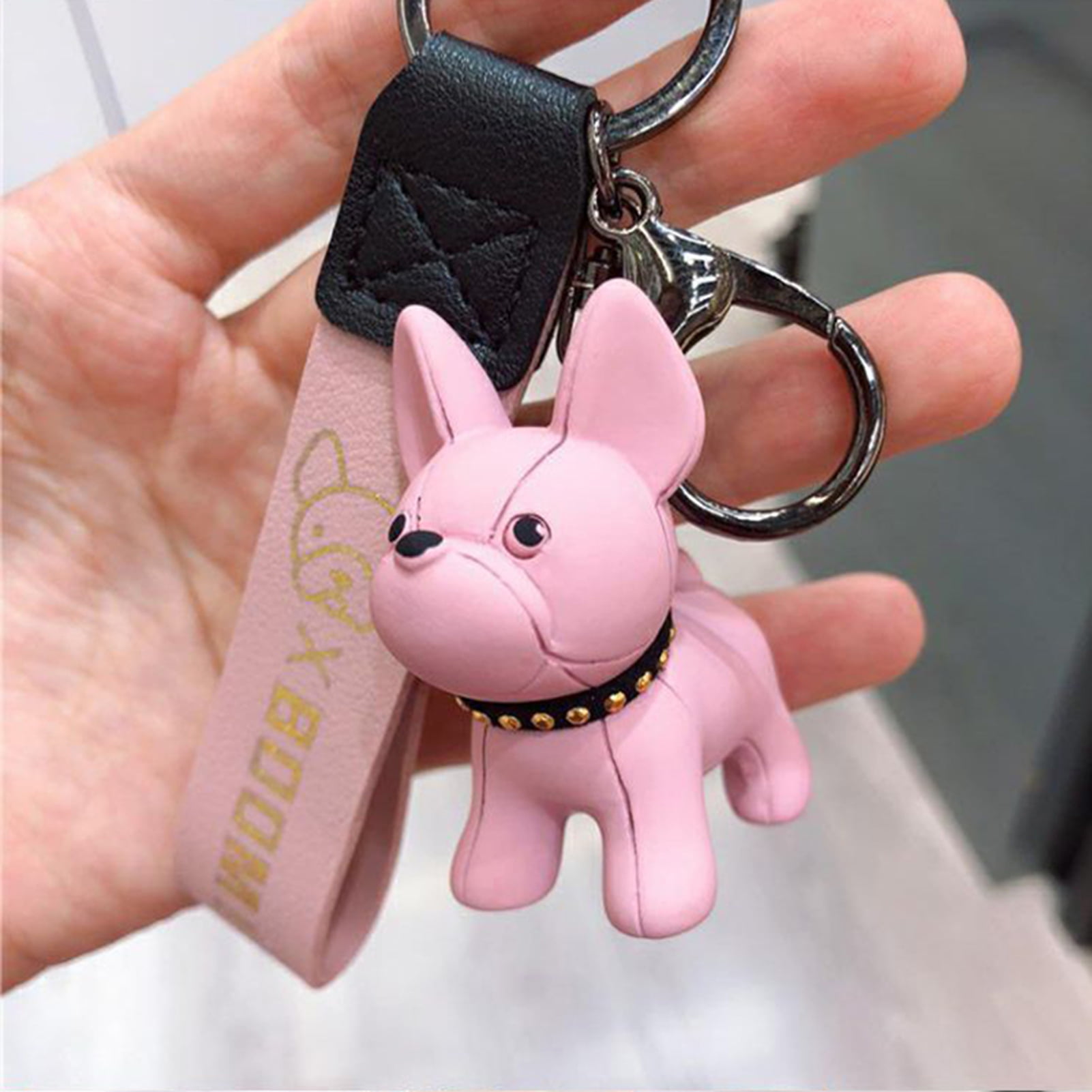 Fashion Punk French Bulldog PU Leather Dog Keychains Car Key Ring Tags Jewelry 