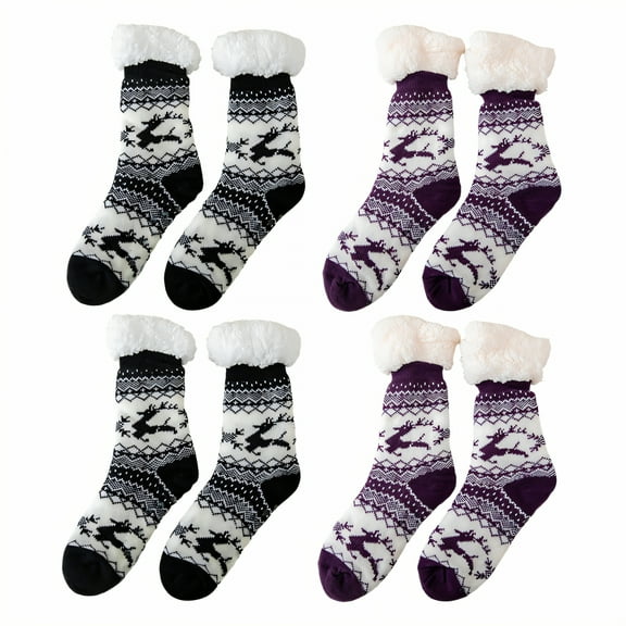 TELOLY 4Pairs Fuzzy Socks for Women,Cartoon Style Slipper Socks for Women,Antibacterial & Sweat-Absorbing Long Socks for Women,Combination1