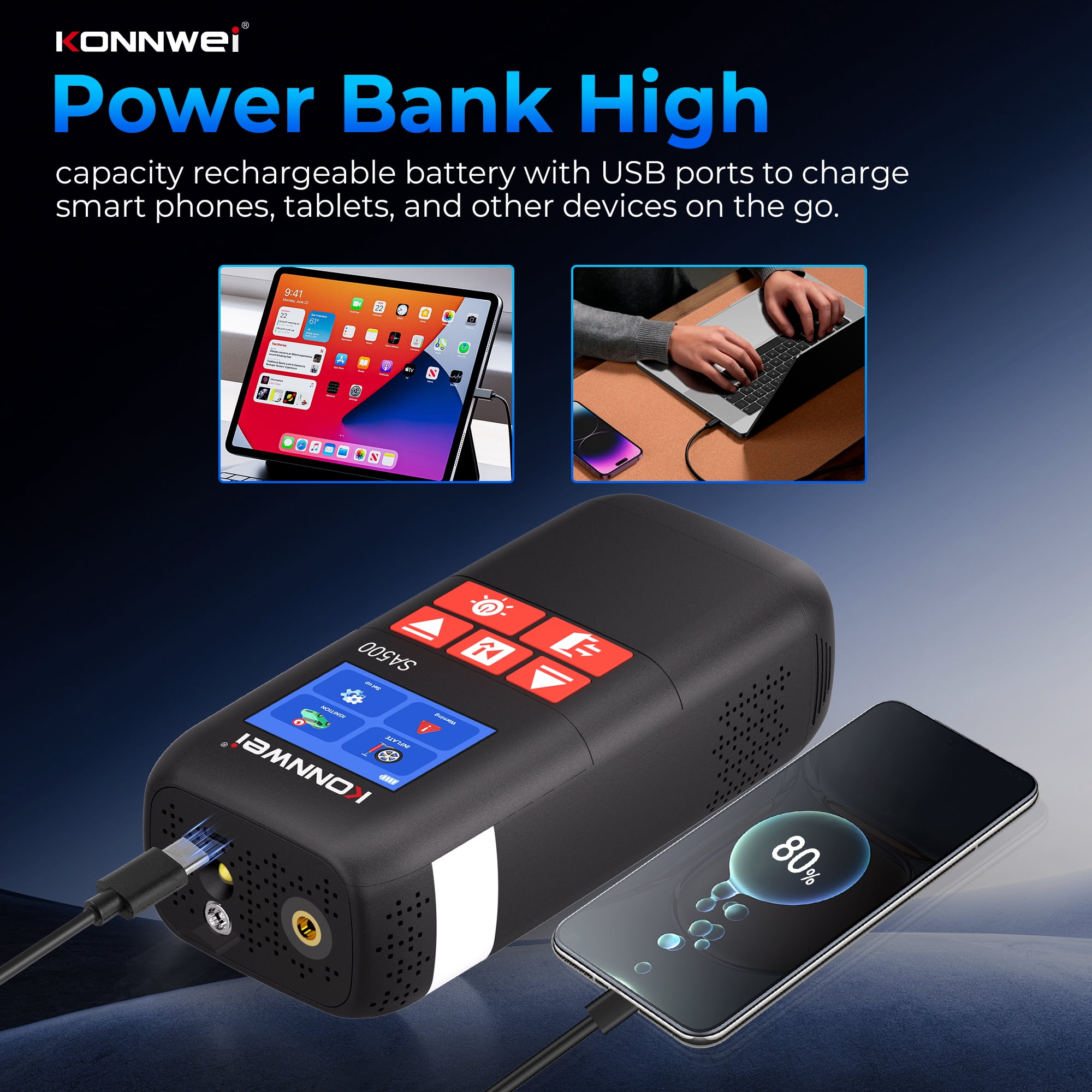 KONNWEI SA500 Jump Starter with Air Compressor, 2000A 10400mAh, 150PSI Tire Inflator, Power Bank LED Light 12V Booster