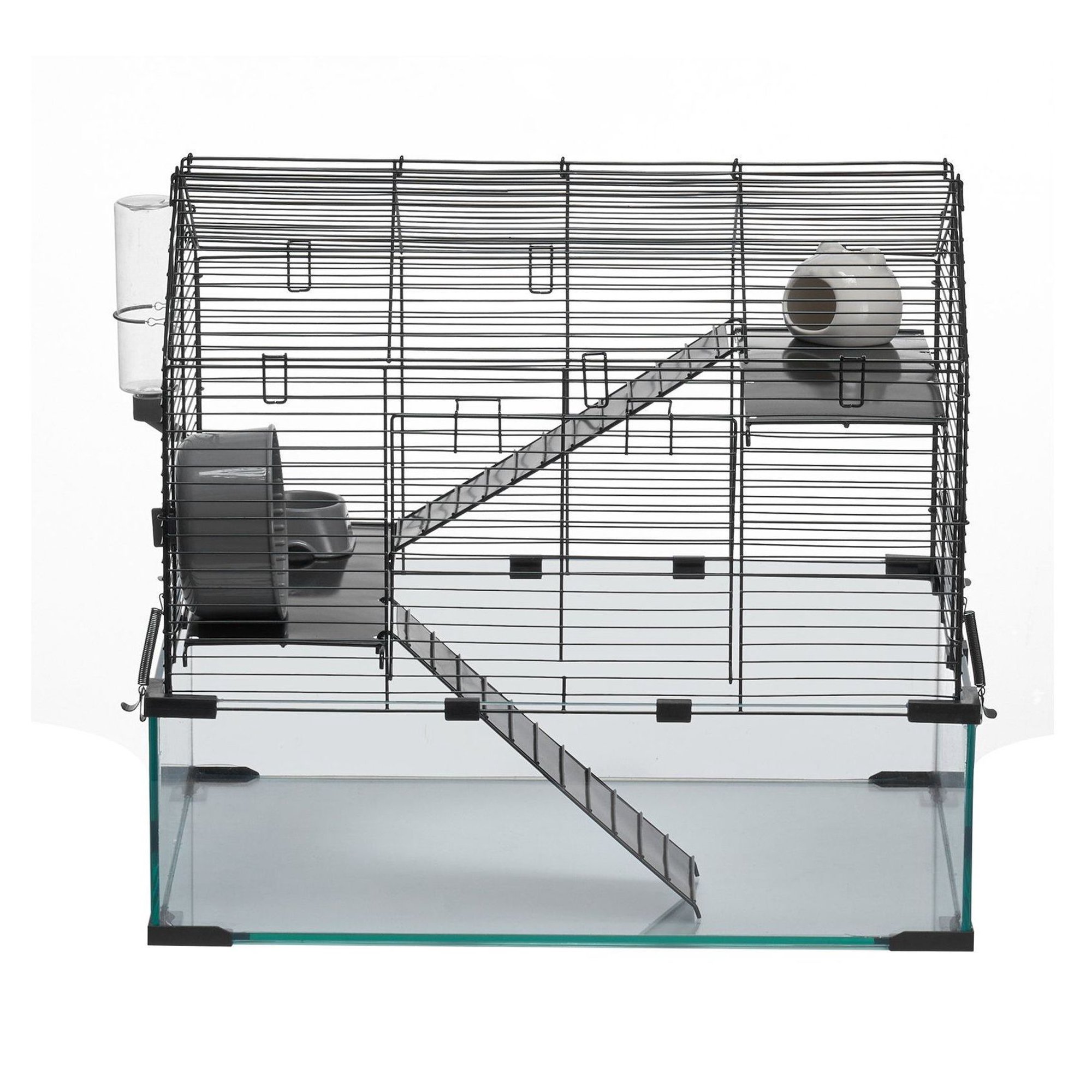 Hamster Cage 360° Viewing, Small Animal Habitat, 22.8x15x21.3in, Ventilated Mouse Cage with Bottle, Portable Rat & Guinea Pig House