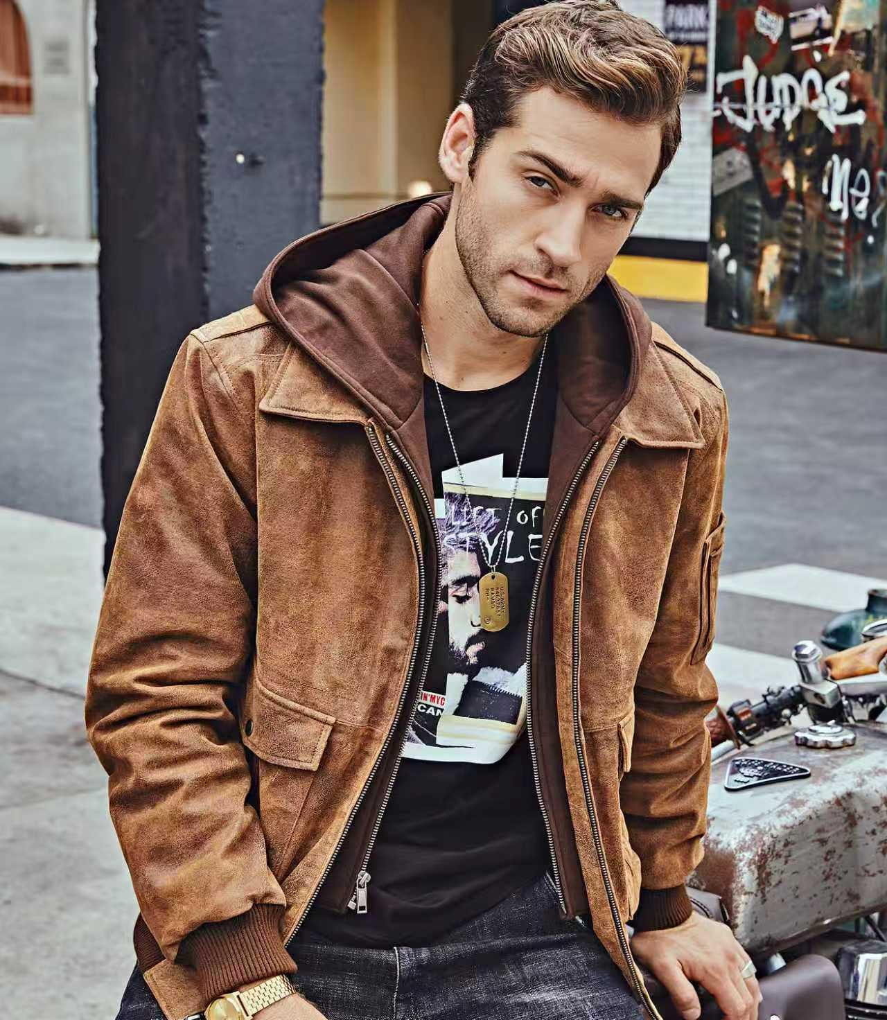 FLAVOR Men's Leather Flight Bomber Jacket Air Force Aviator (Medium, Brown with Hood)