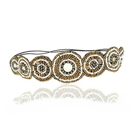 - Gold and Cream Bridal Wedding Stone Beaded Headband Elastic Stretch Headwrap with Style Guide 20 Differnt Ways to Wear for Wedding, Bride, Flower Girl, Bridesmaid, or Prom