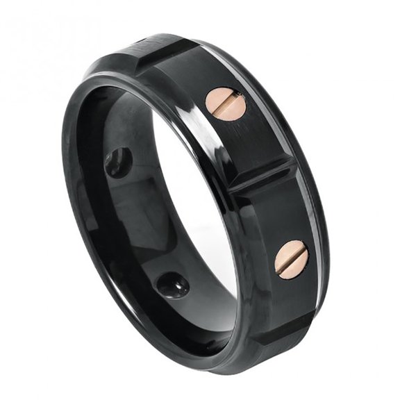 8mm Tungsten Rose Gold IP Plated Screw Accents on Black IP Plated Stepped Edge Ring Wedding Band Ring For Men Or Ladies