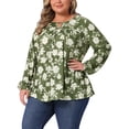 thumbnail image 4 of Blusa de mujer de talla grande Agnes Orinda con pliegues, cuello con abertura en forma de llave, camisetas florales de manga larga, túnica casual 1X verde militar, 4 of 5