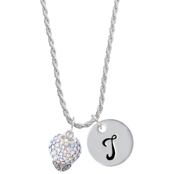 Delight Jewelry Silvertone Clear AB Crystal Sparkle Spinner Silvertone Script Initial Disc - T - Charm Necklace, 20"+3"