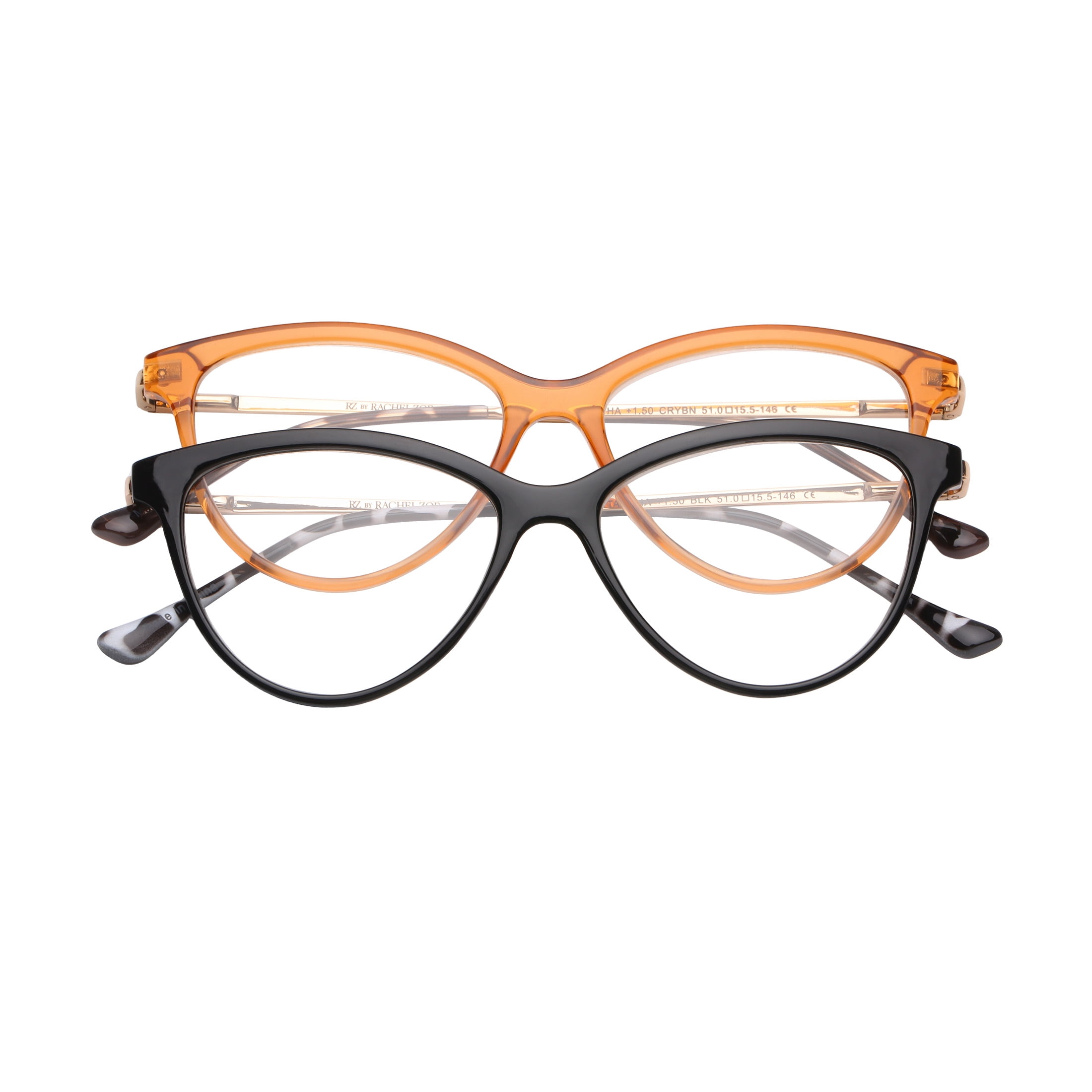 (2 pack) Rz by Rachel Zoe Womens Cateye Reading Glasses with Case, Black/Crystal Brown, Tabitha +1.50