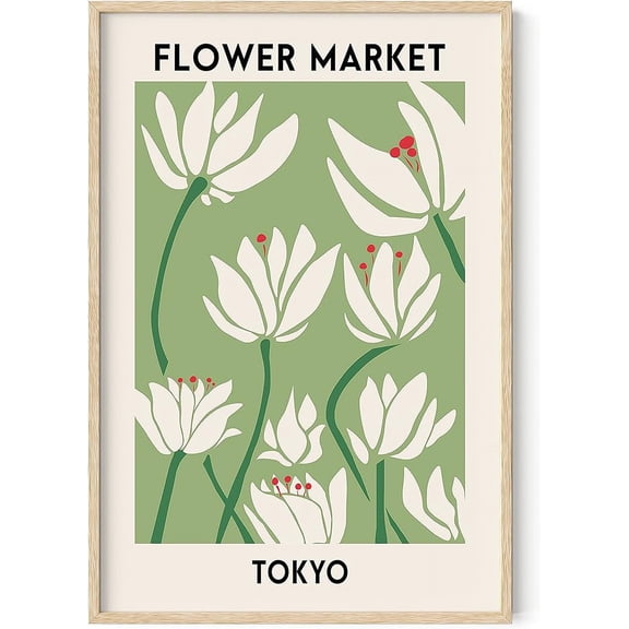 HAUS AND HUES Flower Market Poster Botanical Decor - Flower Wall Art, Flower Poster & Flower Prints Wall Art, Sage Green Wall Decor, Green Wall Art & Floral Prints Wall Art (24" x 36" Framed Beige)