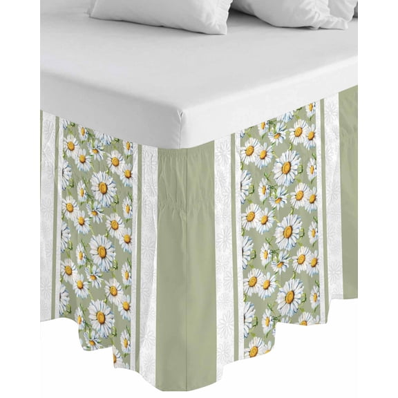Sage Green Daisy Wrap Around Bed Skirts for Queen Bed 18" Drop, Bed Skirt with Adjustable Elastic Belt Dust Ruffle Bed Valance for Bedroom Hotel Luxury Farmhouse Floral Green Striped Bed Frame Cover