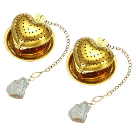 Uxcell 2 Set Cute Tea Infuser Ball Heart Shape Stainless Steel Tea Infuser Ball Strainers with Sky Blue Crystal Pendant Chain & Drip Tray Loose Leaf Set for Mugs Cups Teapots Gold