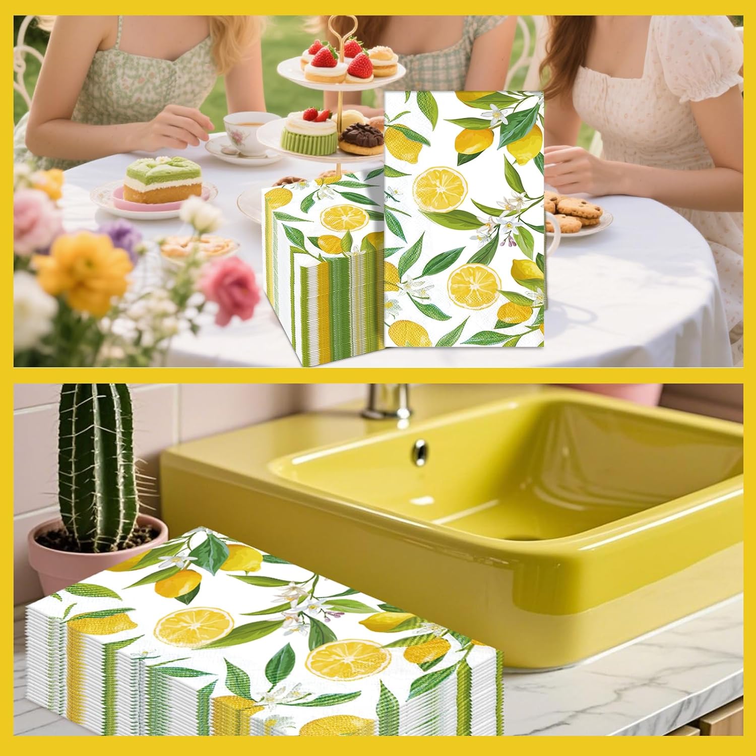 100 PCS Napkin Disposable, Yellow Lemon and Leaf Pattern 3-Ply Lemon Napkins, Home Party Guest Bathroom Napkin Bridal Shower Wedding, Decorative Napkins
