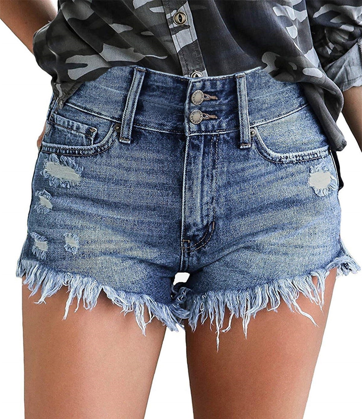 ONLYSHE Women Frayed High Waist Hot Shorts Ripped Denim Jeans with Pockets  Blue S - Walmart.com