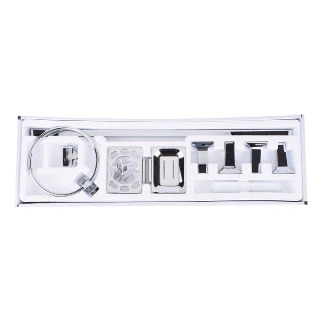 accesorios para baño rugo latón cromo 6 piezas incluye toallero barra 24 pulgadas, anilla para toalla, jabonera, porta rollo, cepillero y gancho doble en latón con acabado cromo brillante, piezas presentadas en empaque con tornillería y soporte visibles; ideal como kit de reemplazo en remodelaciones pequeñas.