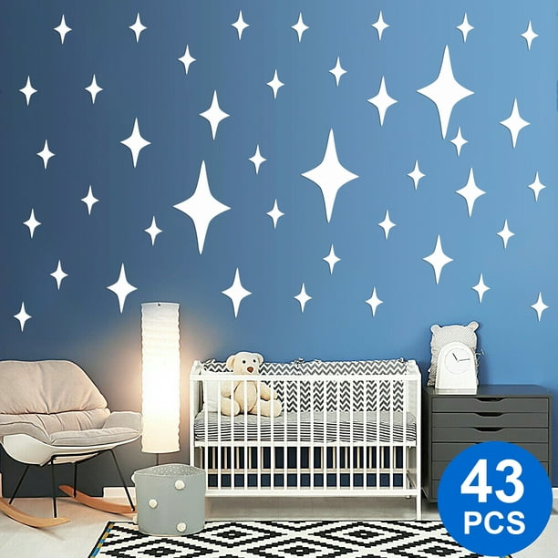 43pcs 3d Stars Mirror Wall Stickers Tsv Removable Acrylic Setting Ceiling Decal For Home Bedroom Living Room Diy Art Decor 3 Sizes Silver Com - Star Wall Mirror Art