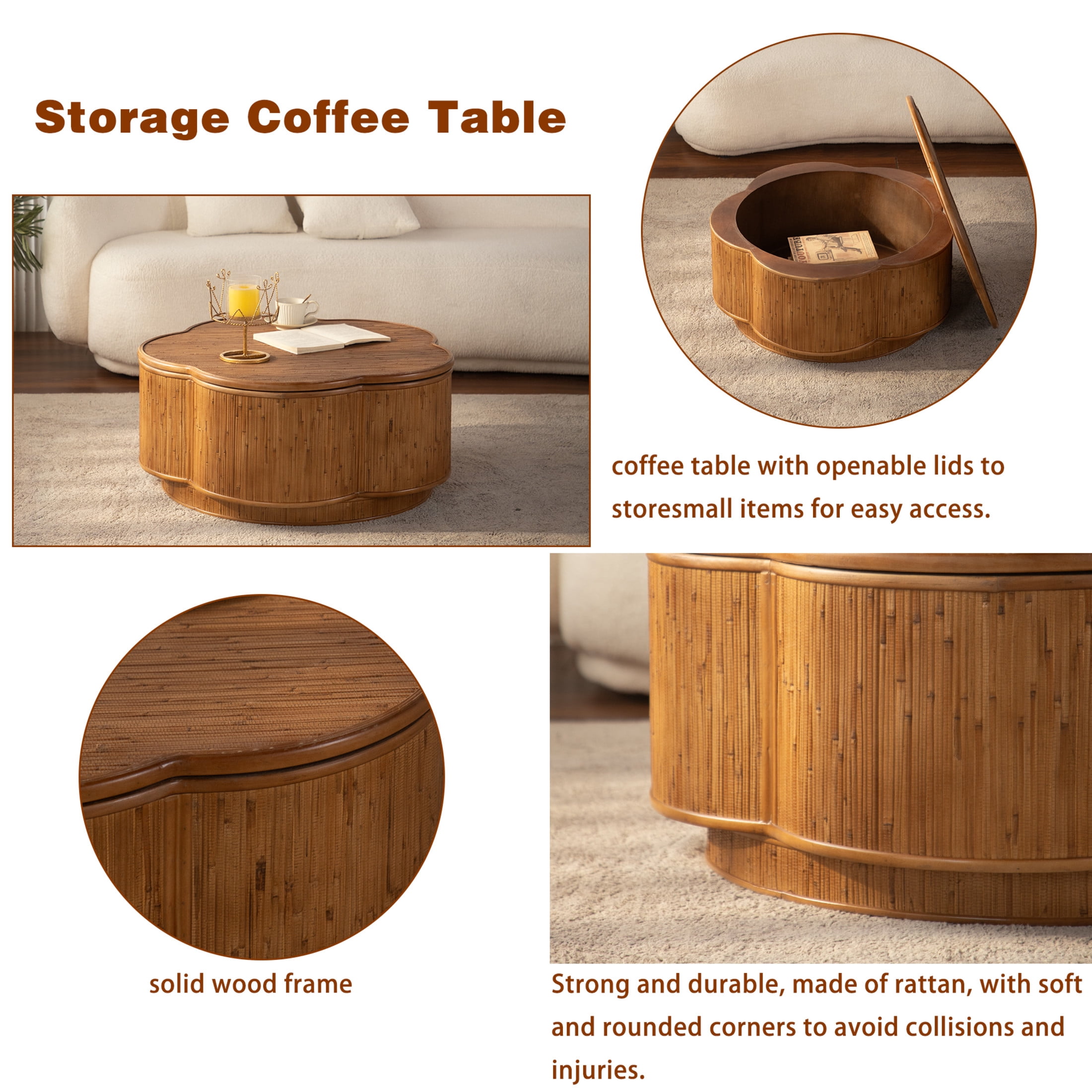 Noble House Flower Rattan Coffee Table with Lift-Off Lid Storage, Boho-Chic Petal Design, for Living Room, Natural Wood