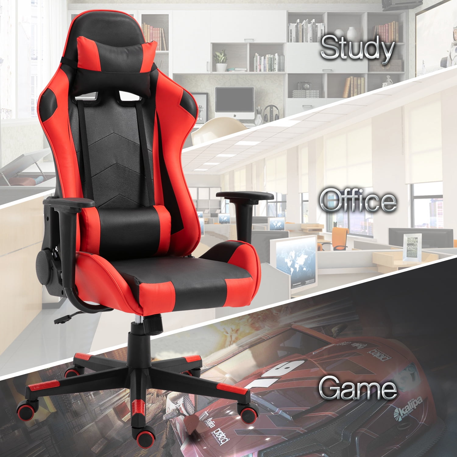 Gaming Chair Office Desk Chair Ergonomic Reclining Computer Chair Height Adjustable Swivel Recliner with Headrest Lumbar Support, Black Red