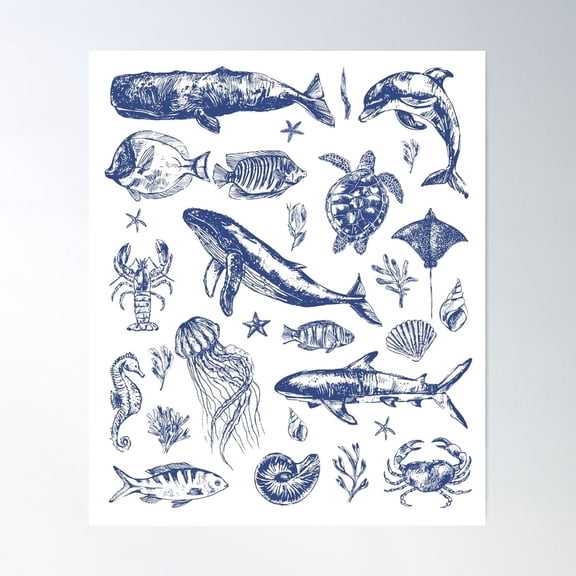 Ocean Wildlife Vintage Shark Turtle Octopus Sea Creatures Poster Wall Art, Modern Wall Decor For Living Room Bedroom, 8x12 UNFRAMED