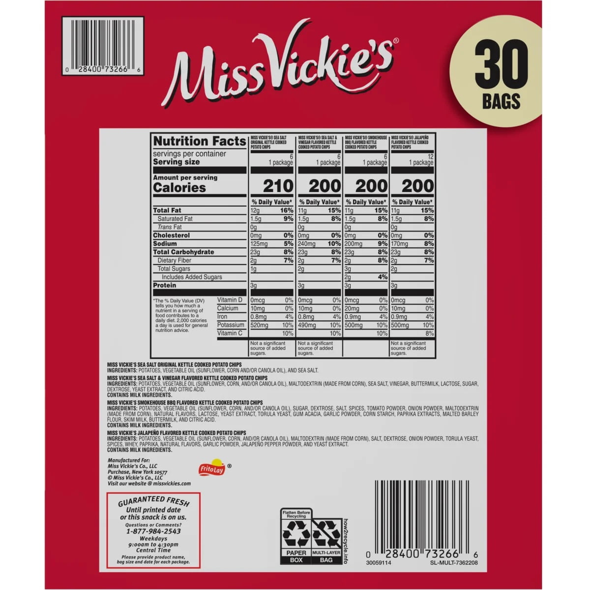 Miss Vickie�s Kettle Cooked Potato Chips, Variety Pack, 1.375 Ounce (Pack of 30)