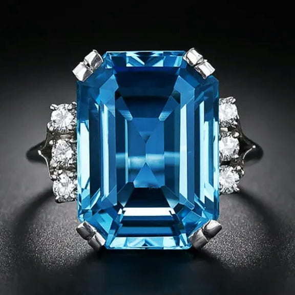 10*14mm Big Square Blue AAA CZ Band Women's 925 Silver Engagement Ring Size 6-10