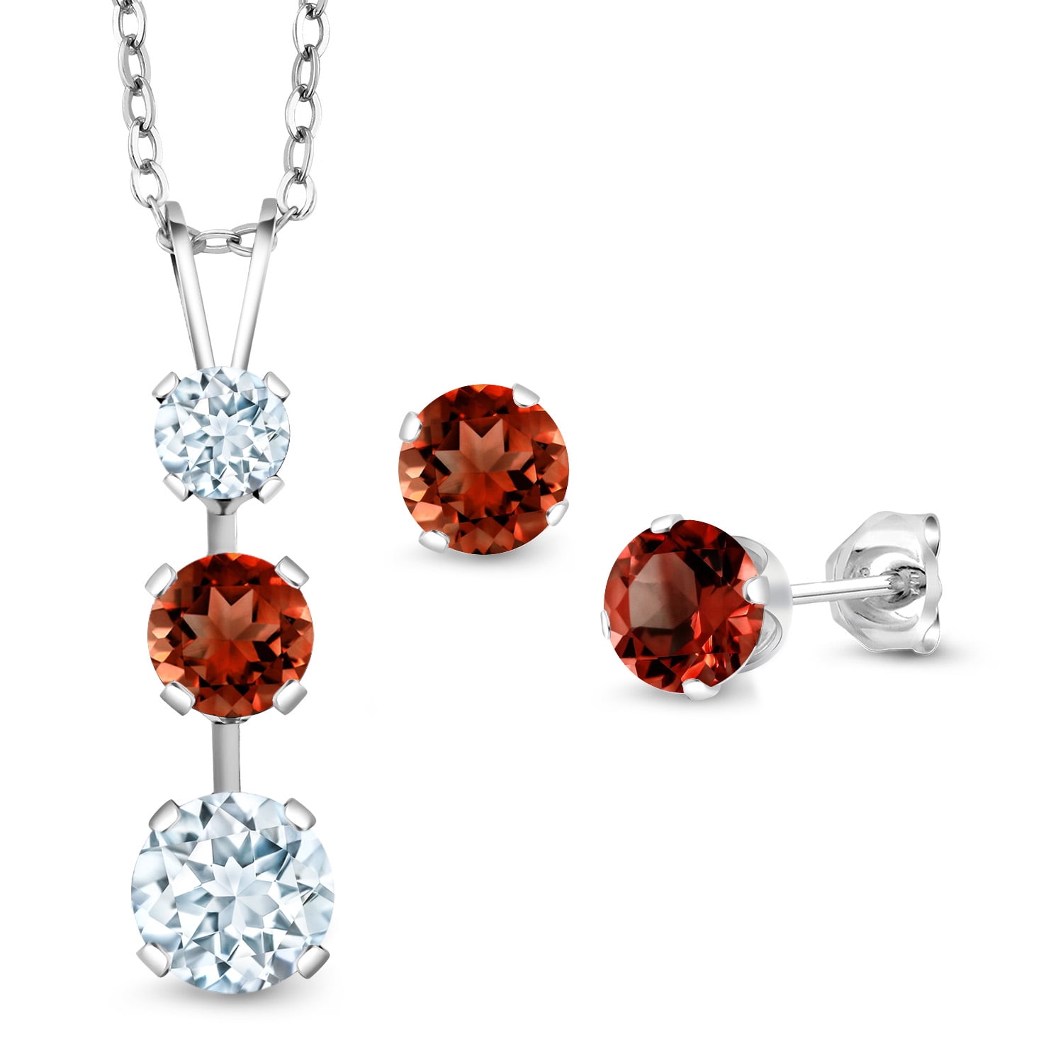 Gem Stone King 925 Sterling Silver Sky Blue Aquamarine and Red Garnet Pendant and Earrings Jewelry Set for Women (4.00 Cttw, Gemstone March Birthstone, with 18 inch Chain)