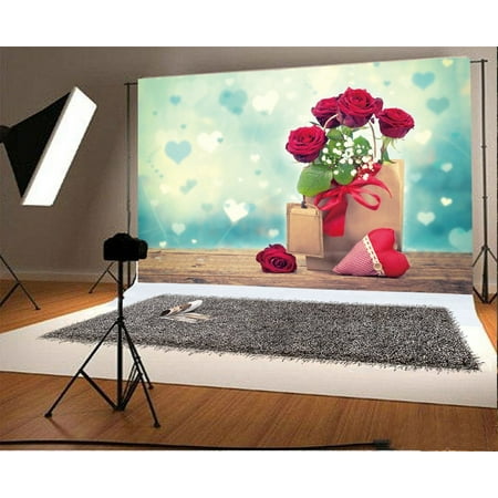 Image of MOHome 7x5ft Valentine s Day Backdrop Red Rose Flowers Green Leaves Bowknot Heart Bokeh Sparkle Sequins Vintage Wood Floor Wedding Photography Background Girls Lover Photo Studio Props