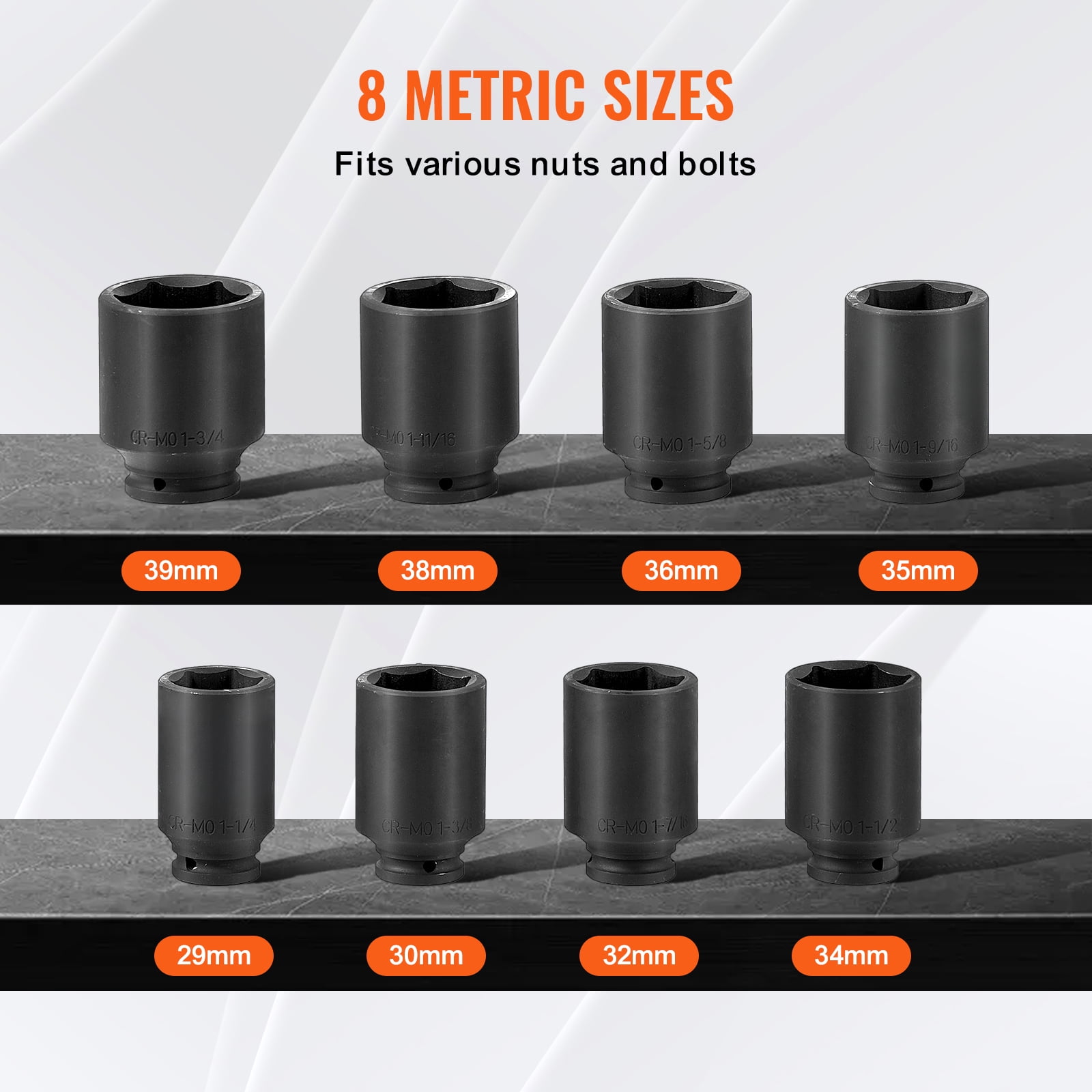 KFFKFF Axle Nut Impact Socket Set, 1/2" Drive, 12-Point Deep Metric 8-Piece Spindle Nut Socket Kit, CR-MO Heat-Treated Large Socket Set with Storage Case for Auto Repair and Axle Nut Installation
