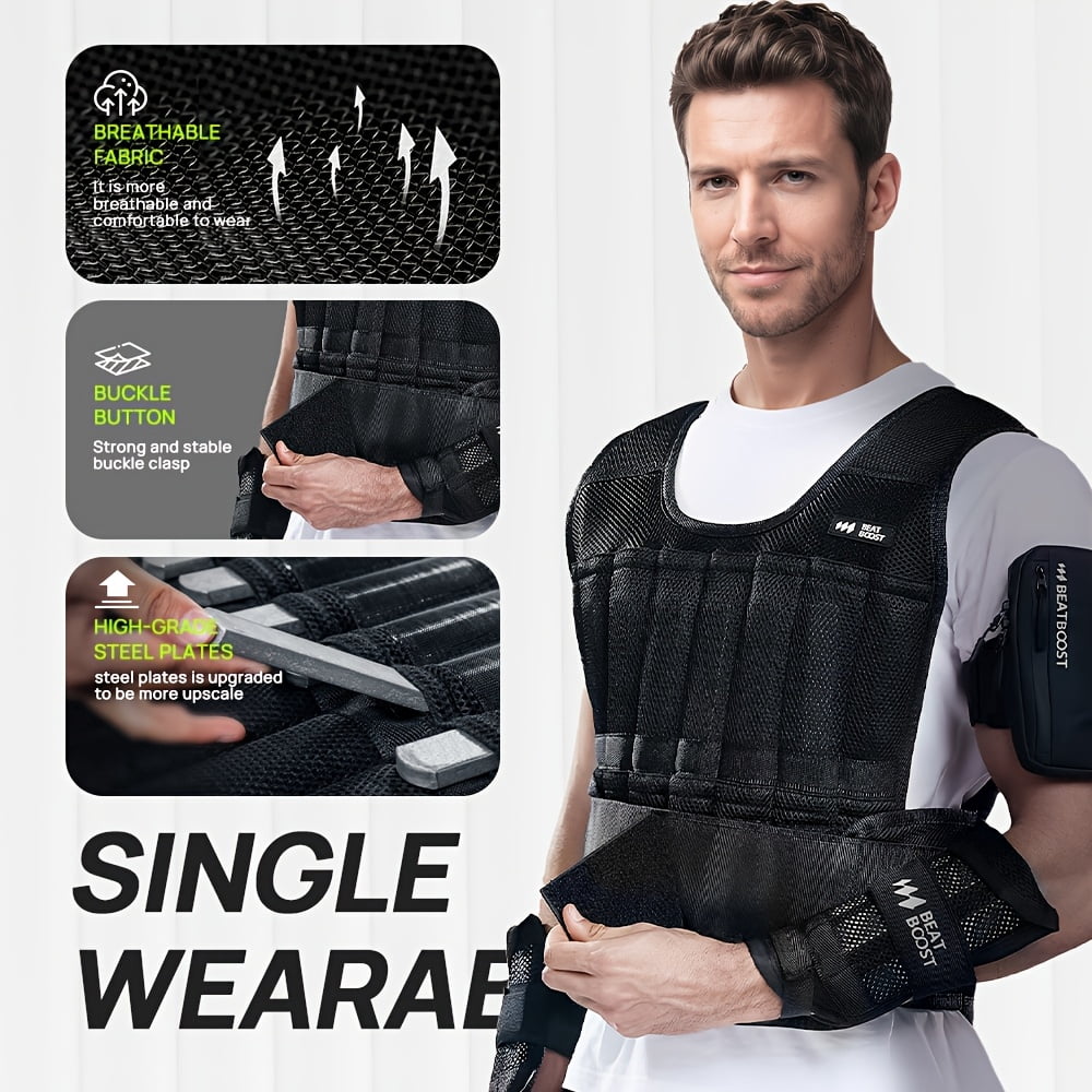 BeatBoost Men 30lb Adjustable Weight Vest with Steel Plates for Walking Strength Running Workout Trainers Fitness