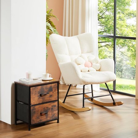 2-Drawer Fabric Nightstand Dresser Modern Bedside End Table & Small Space Organizer Wooden Top White