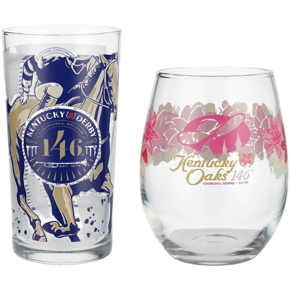 146th Kentucky Derby Mint Julep Glass & Kentucky Oaks Lily Wine Glass Set, Year 2020