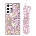 thumbnail image 2 of Compatible with Galaxy S24 Bling Case Luxury 3D Diamond Crystal Rhinestone Shiny Gemstone Perfume Bottle and Flower Case for Women Girls Glitter Sparkle Chain Lanyard Strap, Pink, 2 of 14