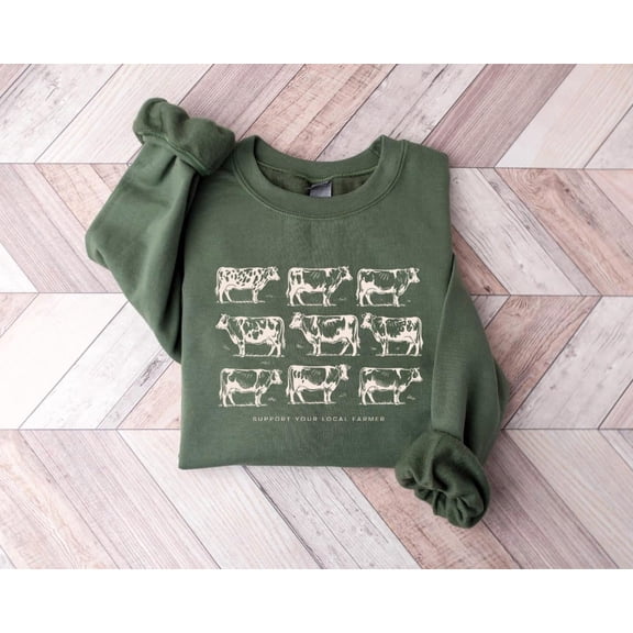 Support Your Local Farmer Cow Sweatshirt Vintage Farm Animals Sweater Cattle Rancher Dairy Farming Clothes Trendy Homesteading Crewneck Tshirt All Size S-5XL