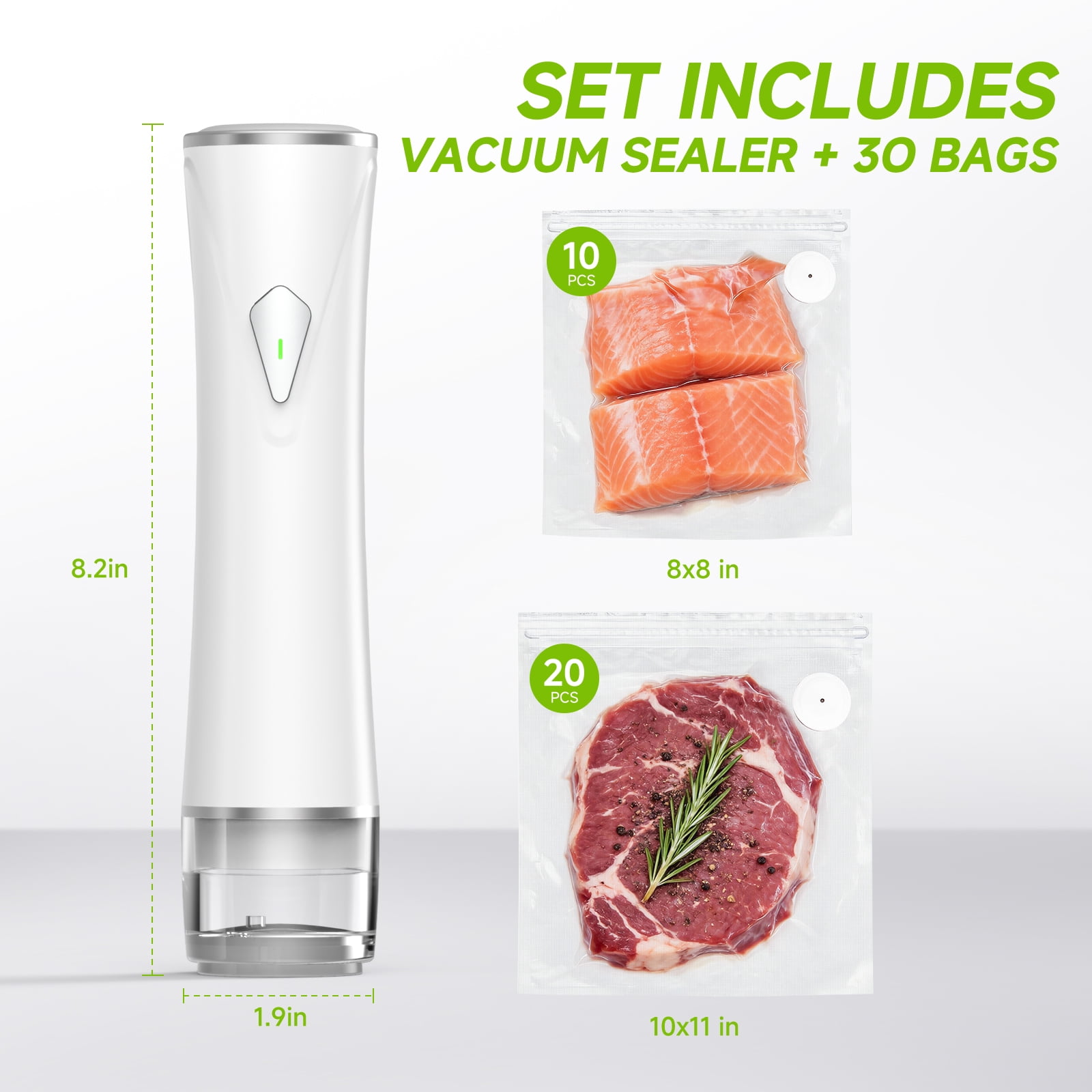 Vixino Compact Vacuum Sealer for Food (Vacuum Sealer Machine + 30 Reusable Vacuum Bags) Powerful Handheld Vacuum Sealer Machine, Extend Freshness Longer, Portable & Cordless