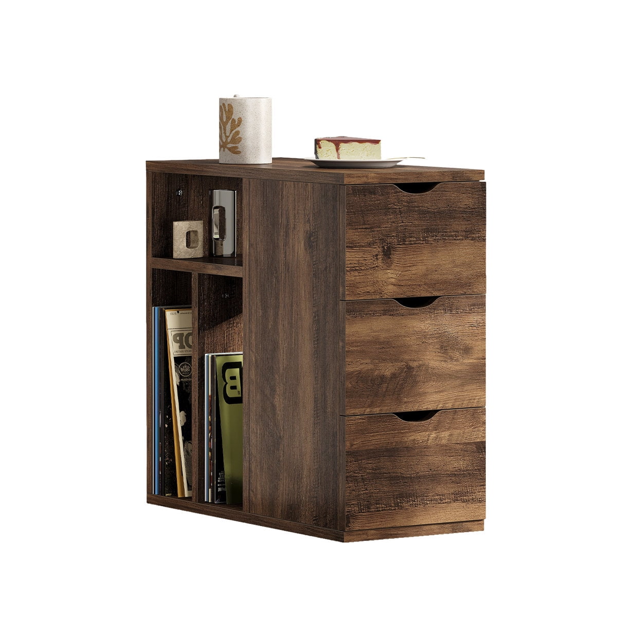 Vividwood Narrow End Table with 3 Drawers and Storage Shelves for Living Room, Bedroom, Brown