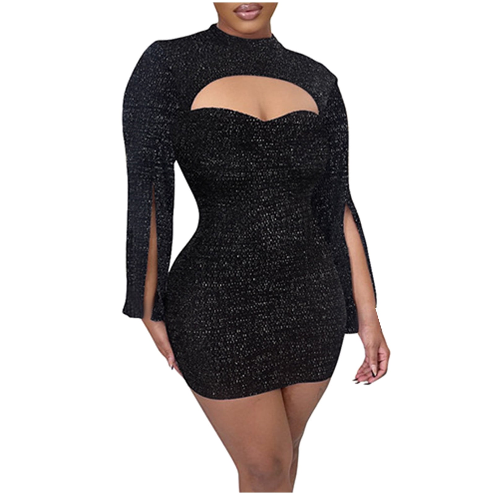 Sparkly Mini Dress Womens Cape Long Sleeve Split Cut Out Bodycon Party