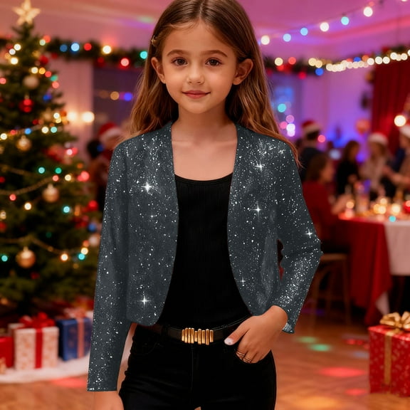 UQJfacai Girls Sequin Jacket Sparkly Dress Coat Open Front Cropped Cardigan Bolero Shrugs for Party Dance Dresses 4-14 Years