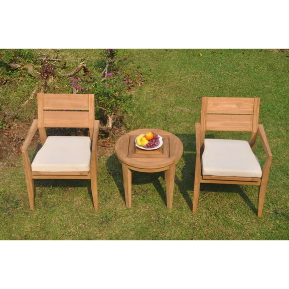 Grade-A Teak Dining Set: 2 Seater 3 Pc: Noida Round Side Table And 2 Vellore Stacking Arm Chairs Outdoor Patio WholesaleTeak #WMVL45