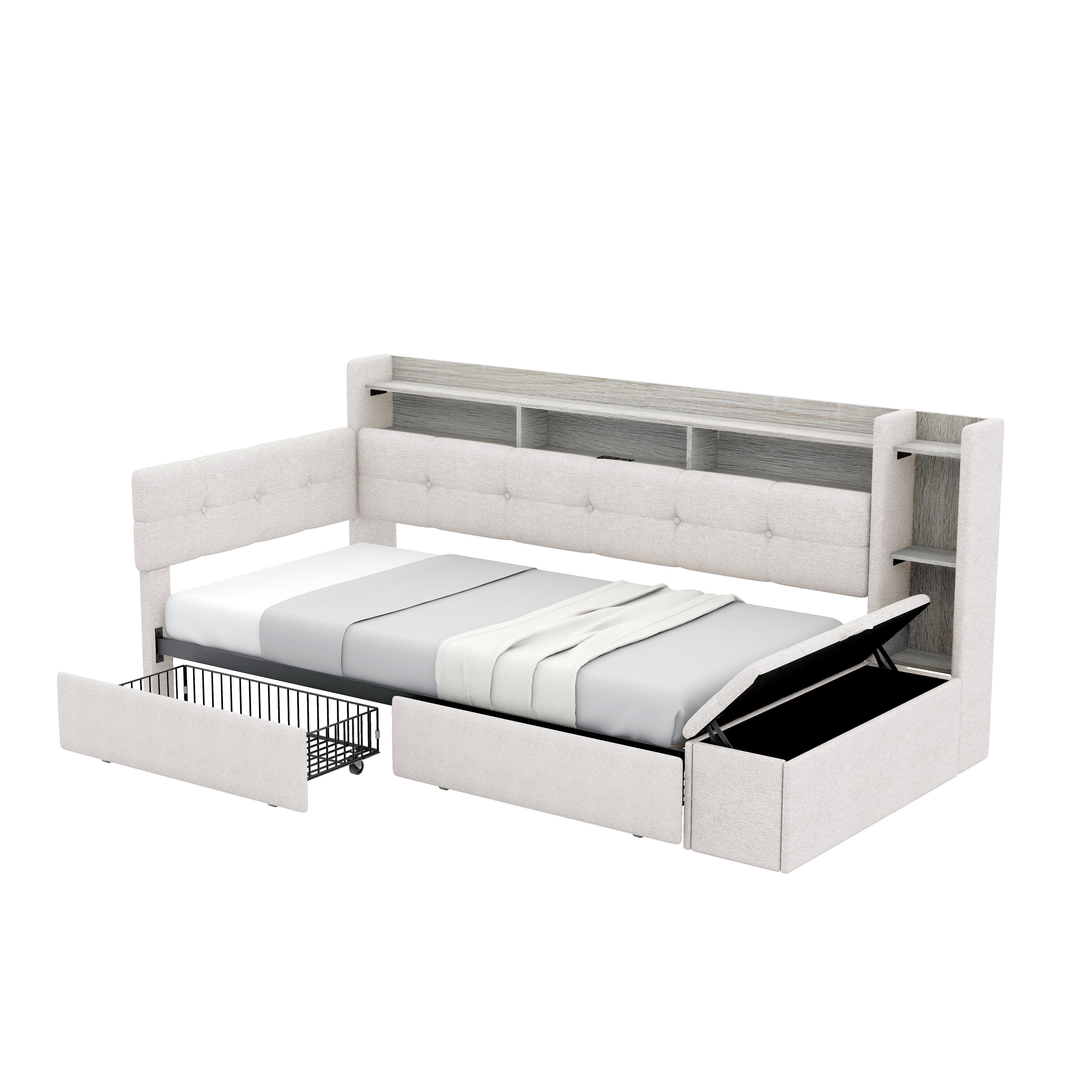Euroco Upholstery Twin Size Daybed with Drawers, Storage Sofa Bed with Footstool and Shelves, LED Light and USB Charging, Beige