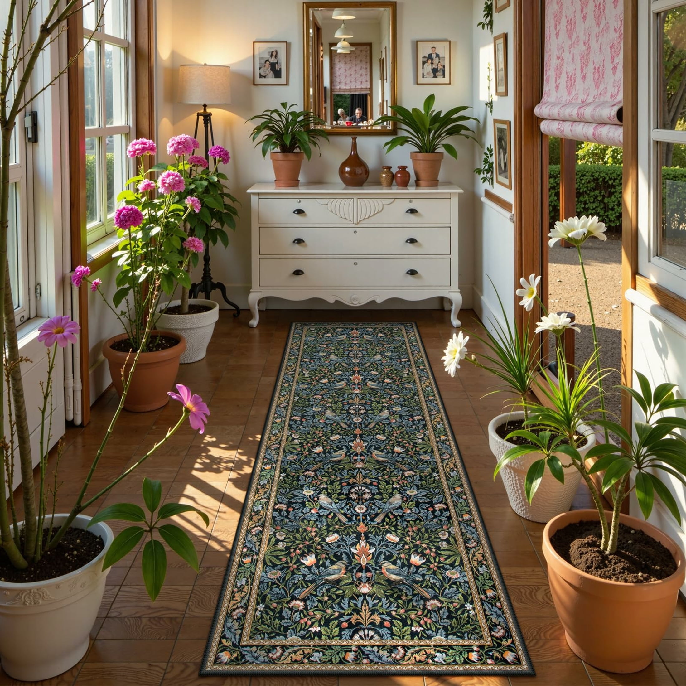 Moynesa Vintage Floral Bird Runner Rugs for Hallway 2'x6', Non Slip Washable Kitchen Runner, Soft Botanical Runner for Entryway Bedroom Bathroom Laundry Room, Green